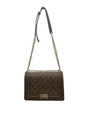 Bebe Women’s Gray Faux Leather Quilted With Gold Chain Strap Shoulder Bag